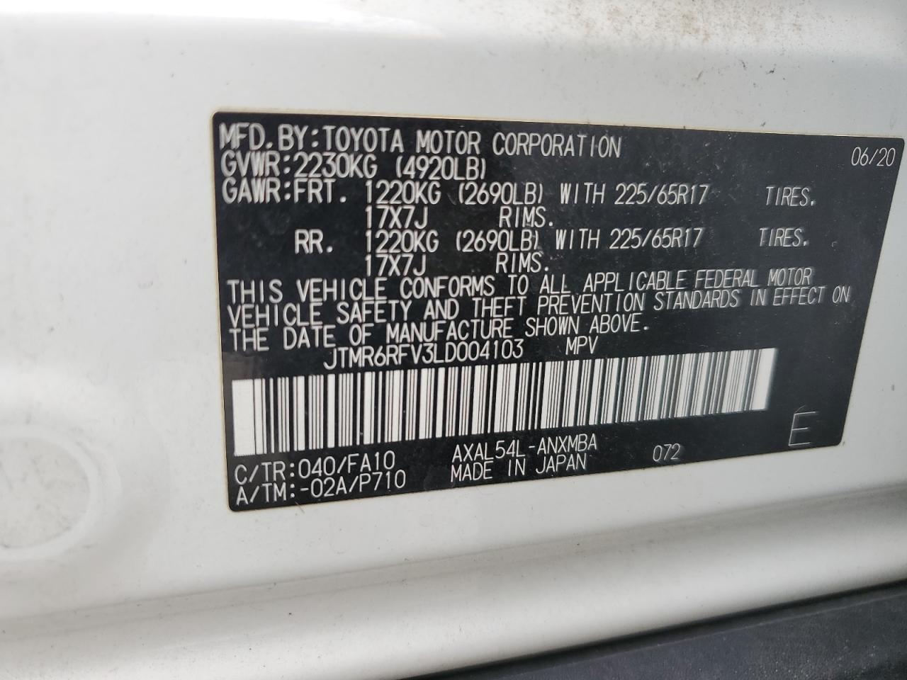 2020 Toyota Rav4 Xle VIN: JTMR6RFV3LD004103 Lot: 81336494