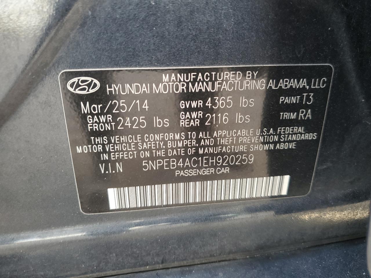 VIN 5NPEB4AC1EH920259 2014 HYUNDAI SONATA no.12