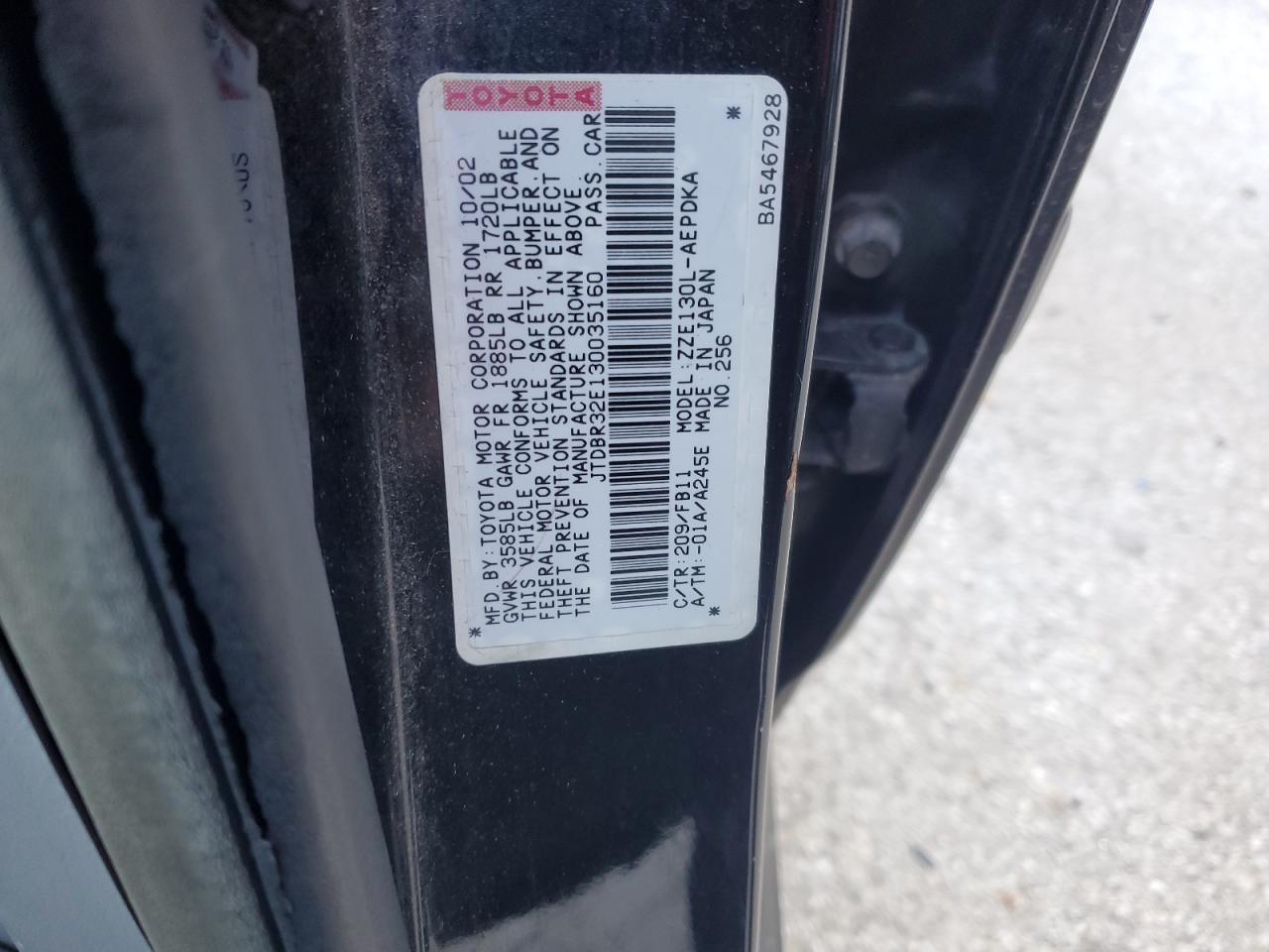 2003 Toyota Corolla Ce VIN: JTDBR32E130035160 Lot: 79109034