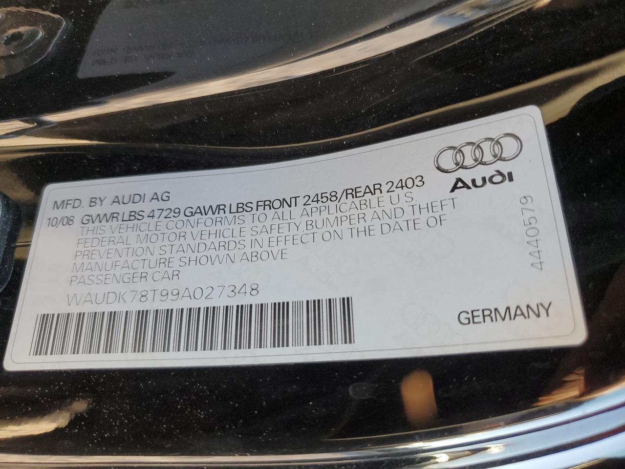 2009 Audi A5 Quattro VIN: WAUDK78T99A027348 Lot: 81160114