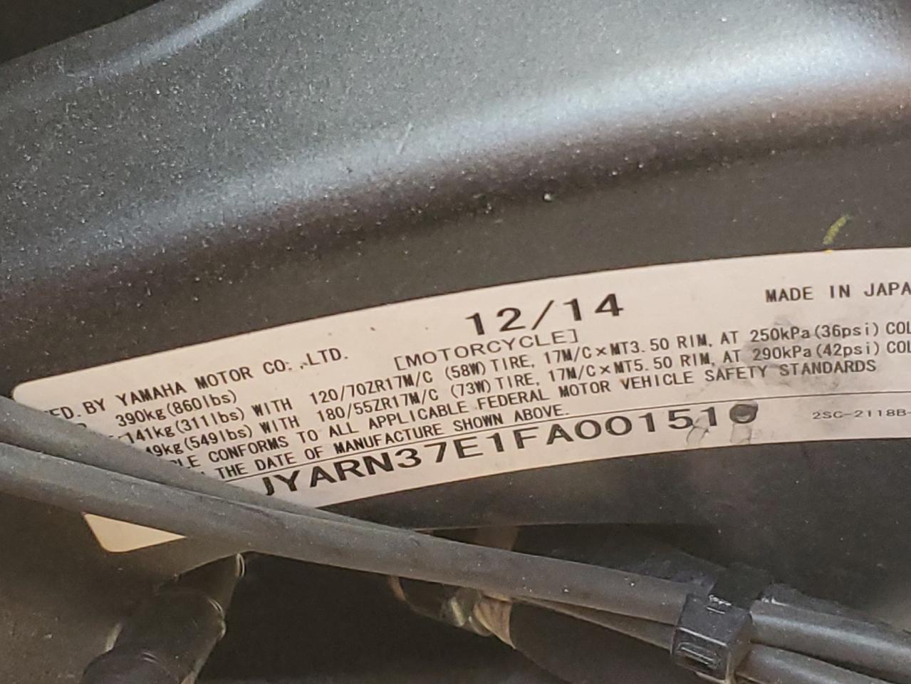 2015 Yamaha Fj09 VIN: JYARN37E1FA001510 Lot: 80565524