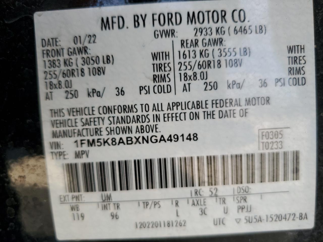 VIN 1FM5K8ABXNGA49148 2022 FORD EXPLORER no.13