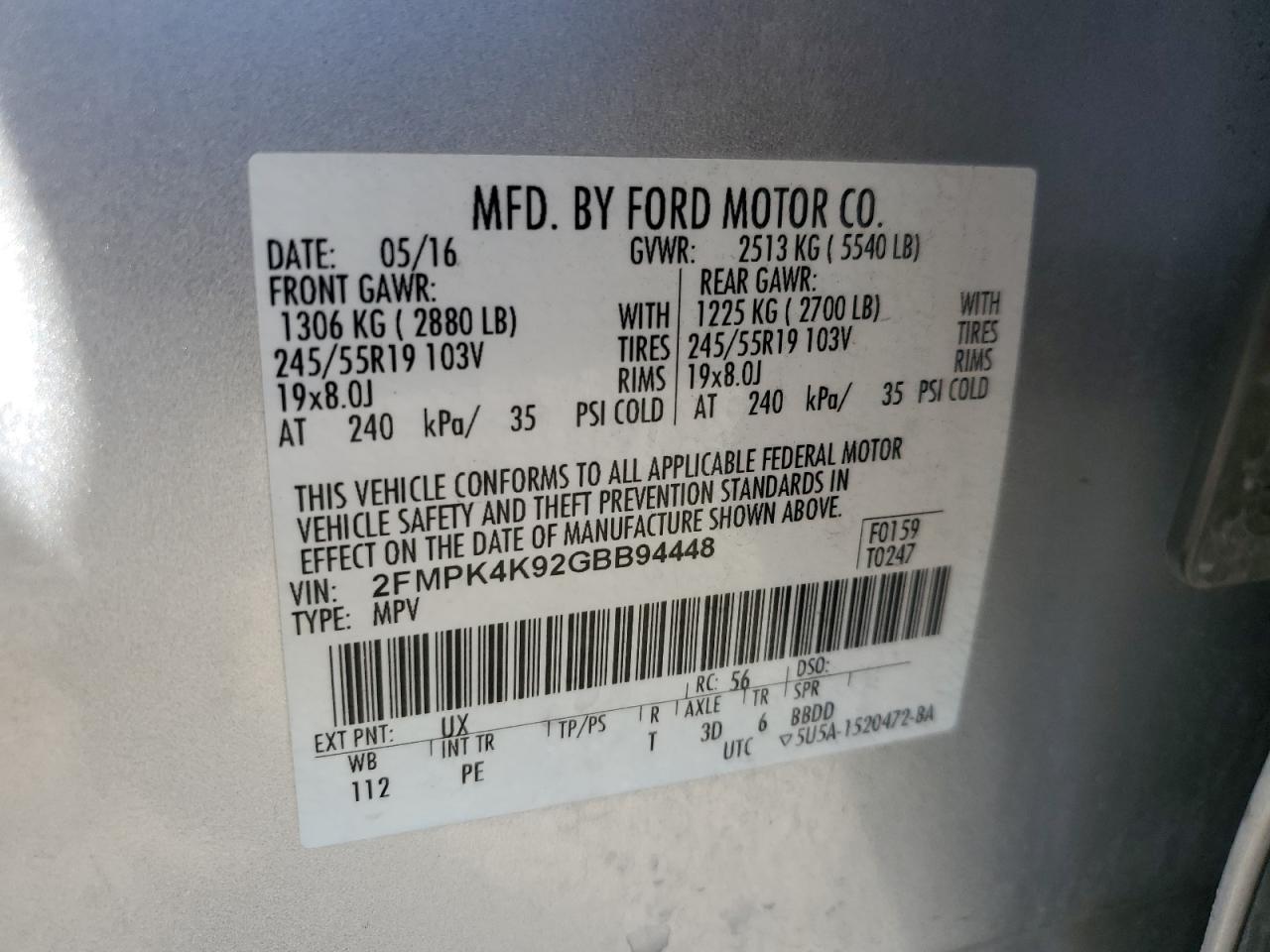 VIN 2FMPK4K92GBB94448 2016 FORD EDGE no.13