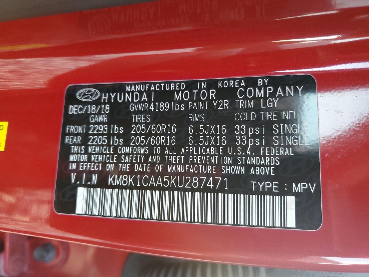 2019 Hyundai Kona Se VIN: KM8K1CAA5KU287471 Lot: 81171344