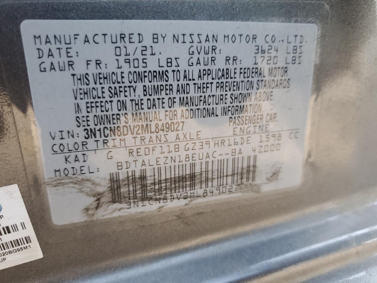 2021 Nissan Versa S VIN: 3N1CN8DV2ML849027 Lot: 79298654