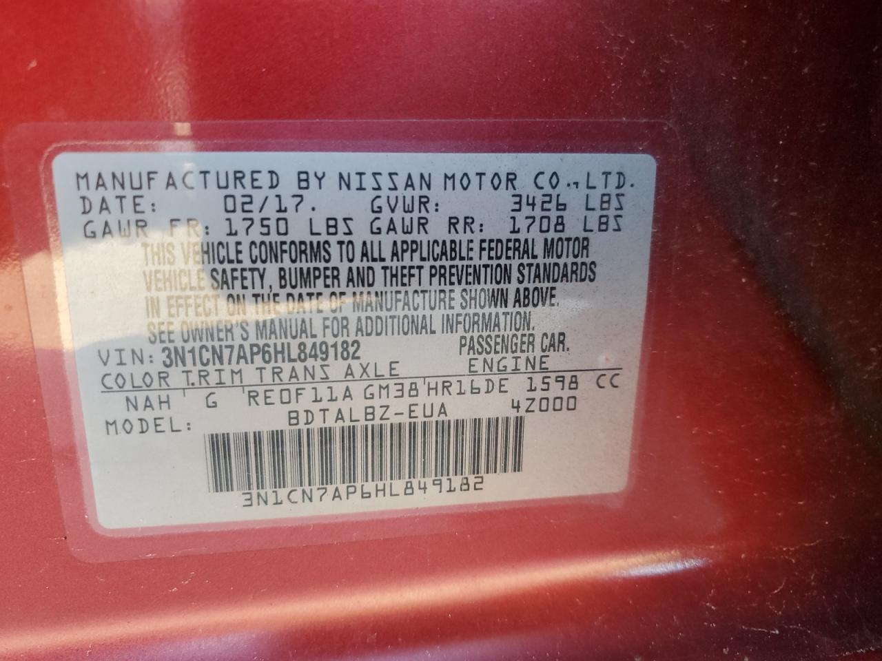 2017 Nissan Versa S VIN: 3N1CN7AP6HL849182 Lot: 80591214