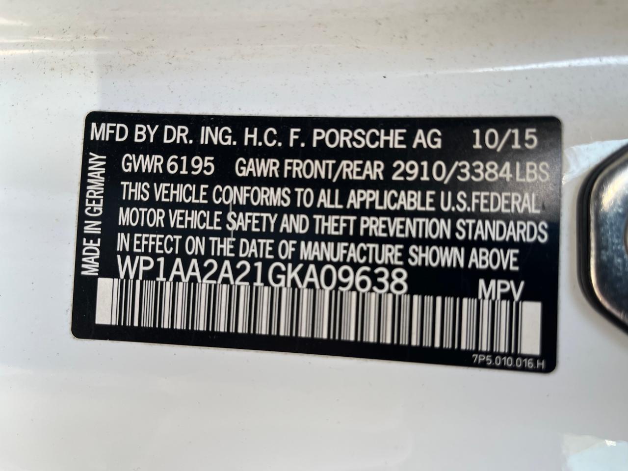 2016 Porsche Cayenne VIN: WP1AA2A21GKA09638 Lot: 82493494