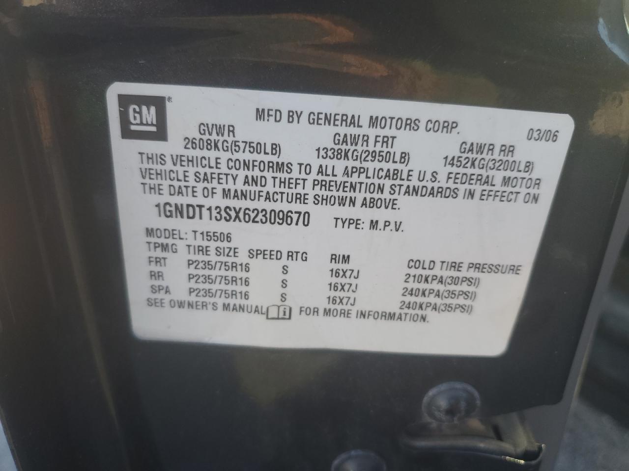 2006 Chevrolet Trailblazer Ls VIN: 1GNDT13SX62309670 Lot: 80064844