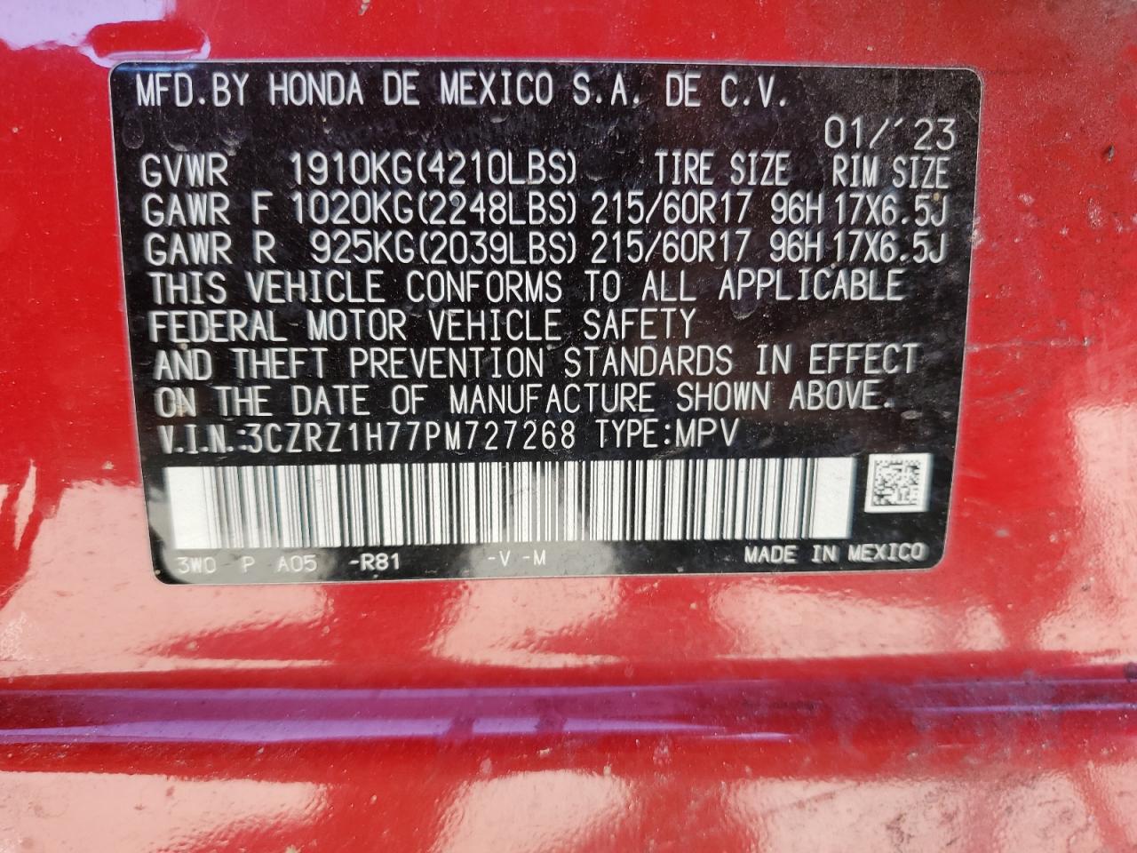 2023 Honda Hr-V Exl VIN: 3CZRZ1H77PM727268 Lot: 80929534