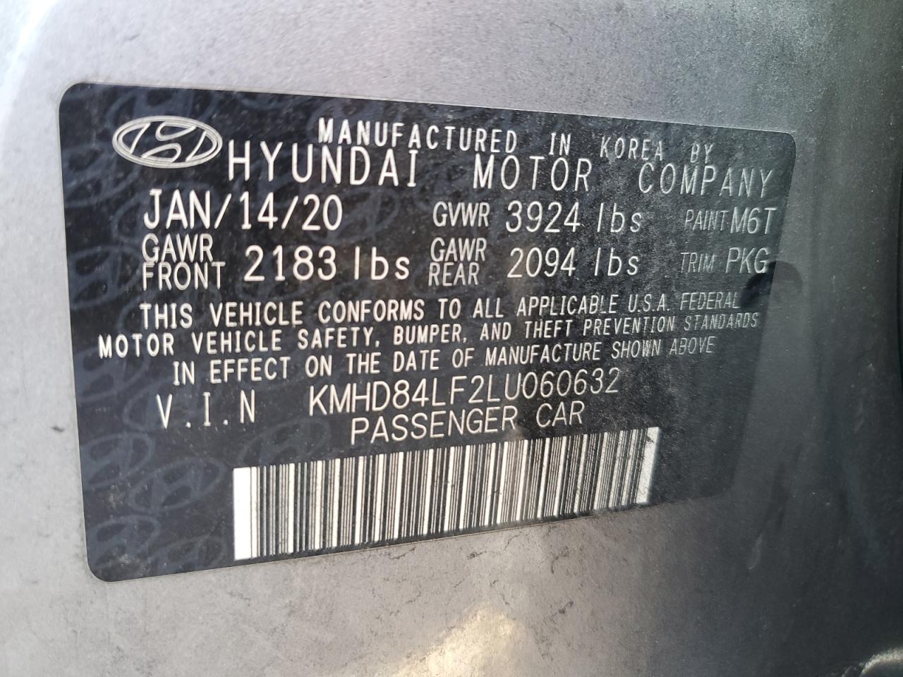 VIN KMHD84LF2LU060632 2020 HYUNDAI ELANTRA no.13