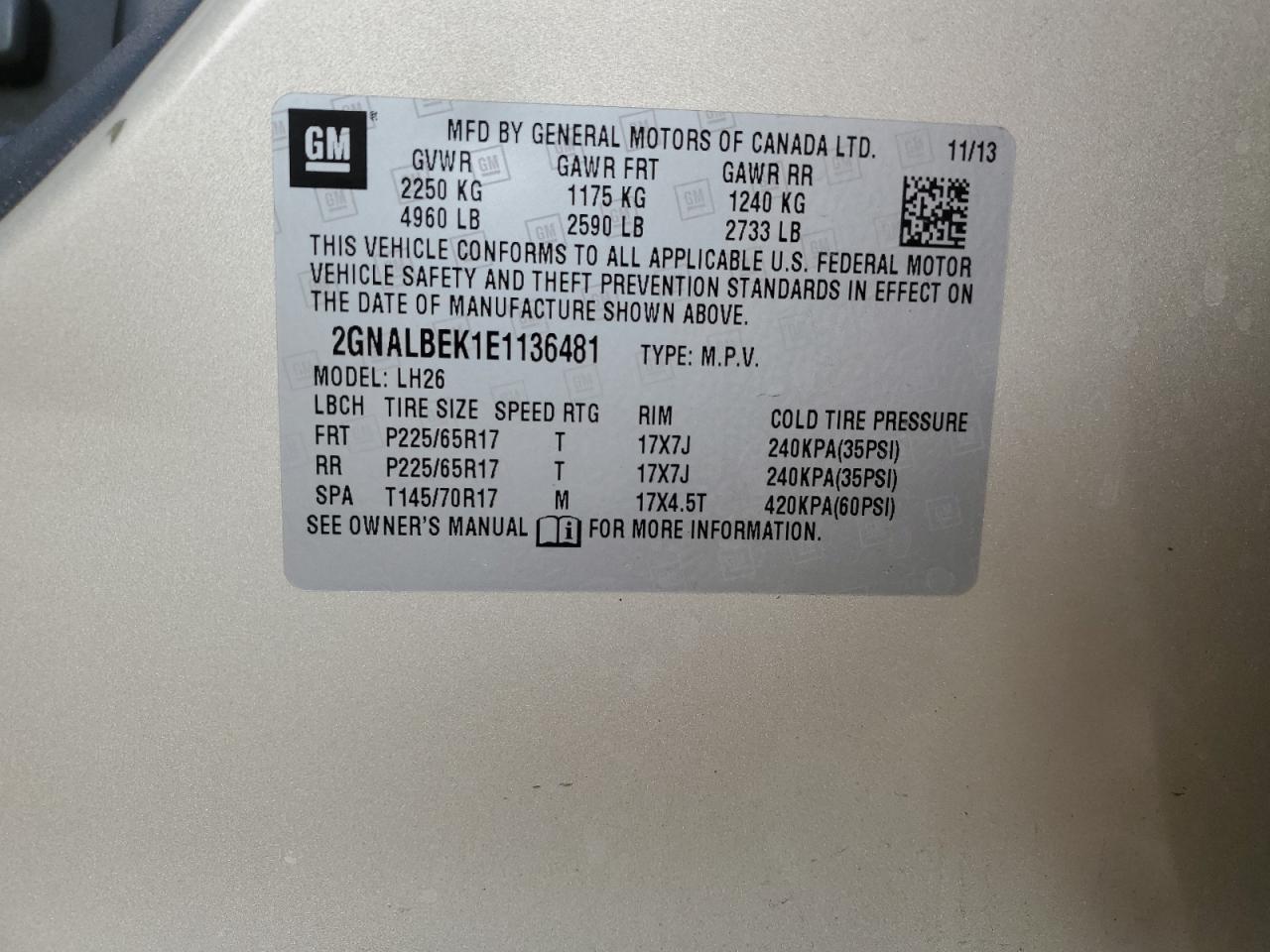 2014 Chevrolet Equinox Lt VIN: 2GNALBEK1E1136481 Lot: 81966454