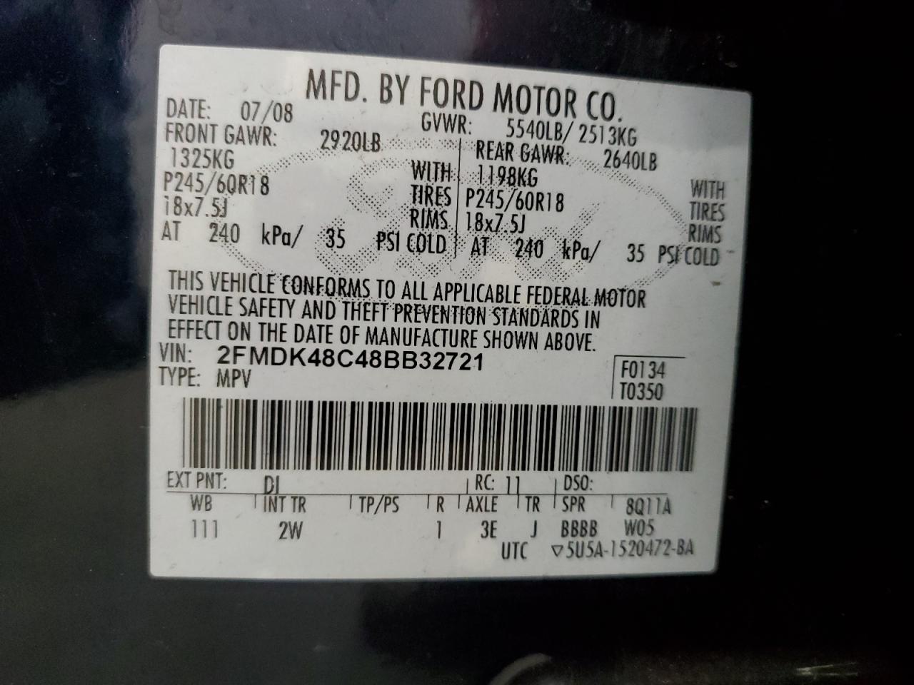 2008 Ford Edge Sel VIN: 2FMDK48C48BB32721 Lot: 80140334