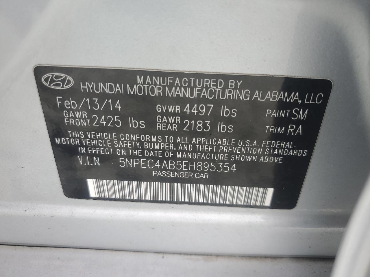 VIN 5NPEC4AB5EH895354 2014 HYUNDAI SONATA no.12