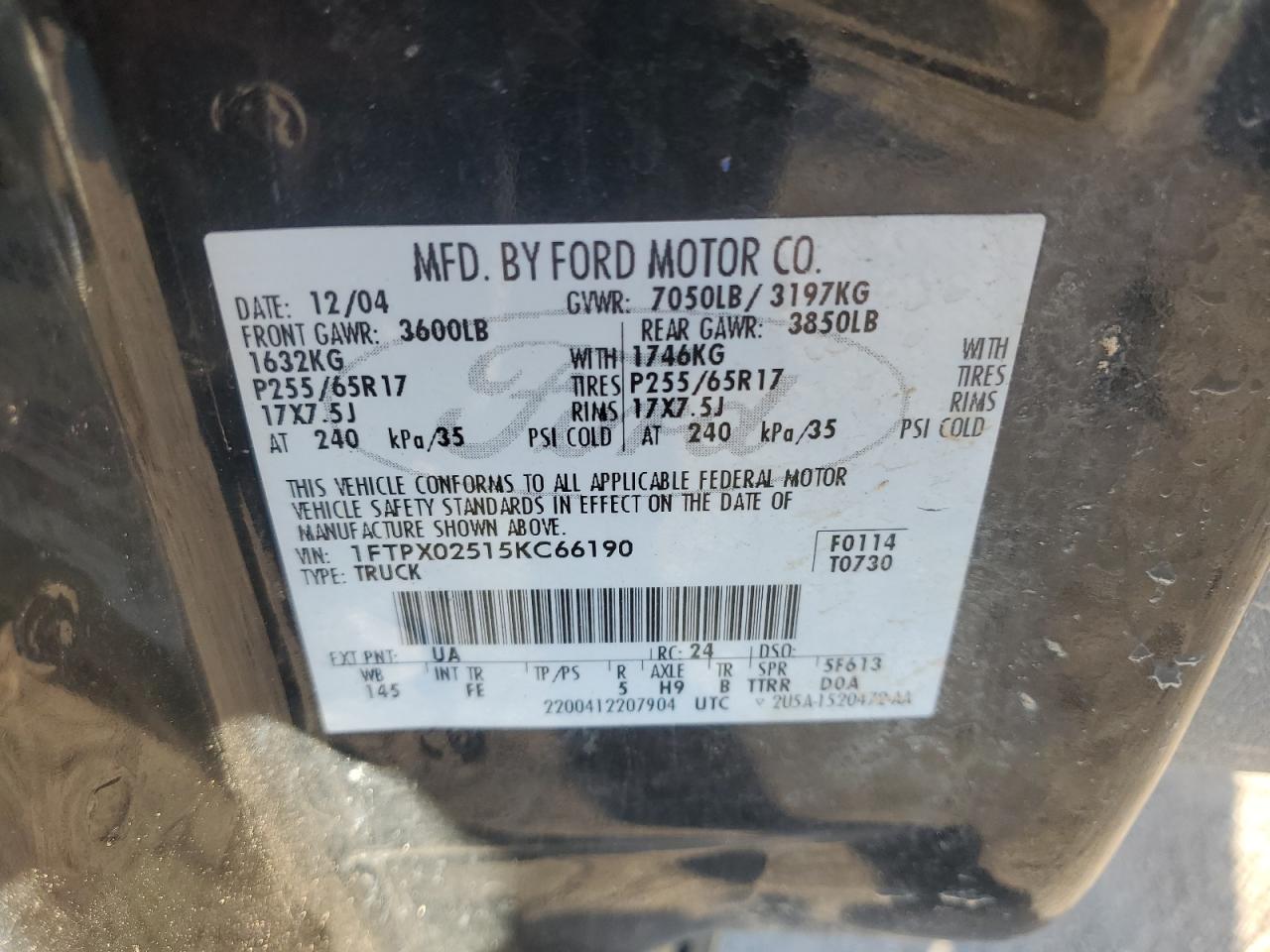 2005 Ford F150 VIN: 1FTPX02515KC66190 Lot: 80763214