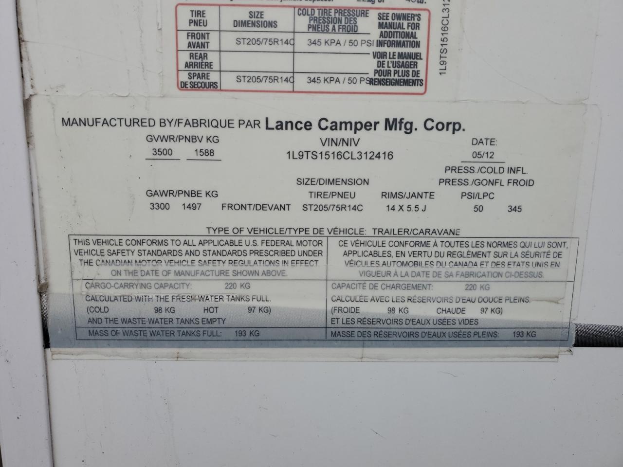 2012 Lancia Camper VIN: 1L9TS1516CL312416 Lot: 80786964