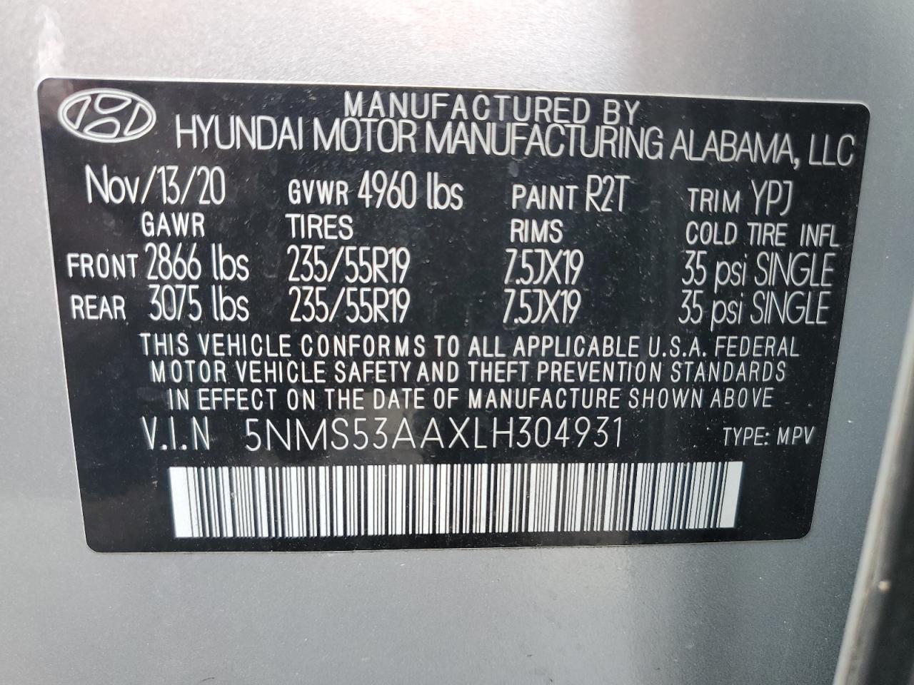 VIN 5NMS53AAXLH304931 2020 HYUNDAI SANTA FE no.13