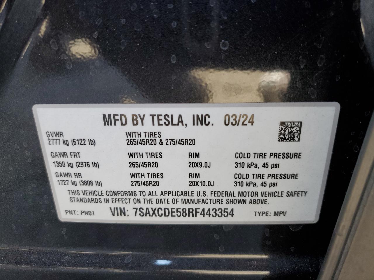 2024 Tesla Model X VIN: 7SAXCDE58RF443354 Lot: 80218644