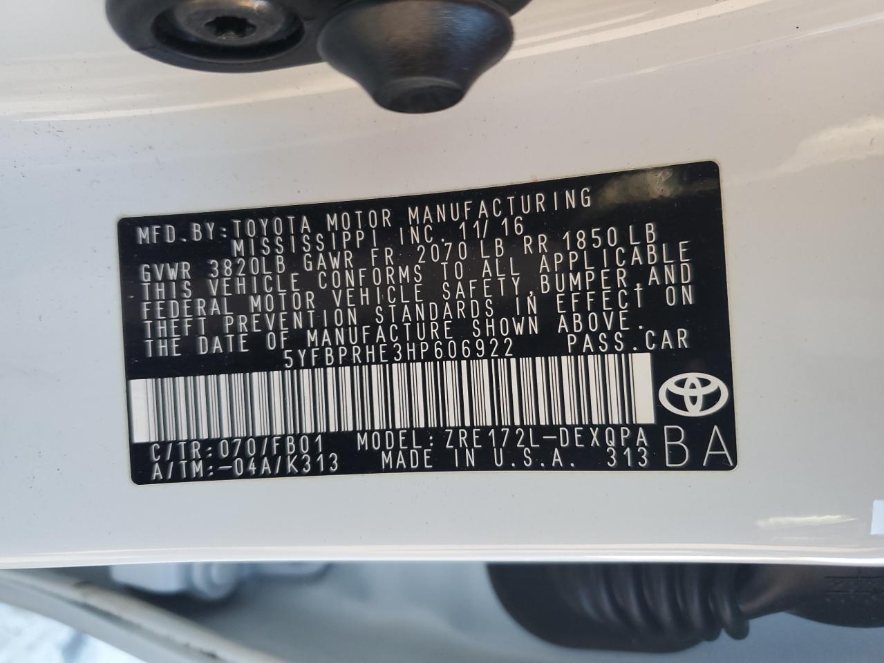 VIN 5YFBPRHE3HP606922 2017 TOYOTA COROLLA no.12