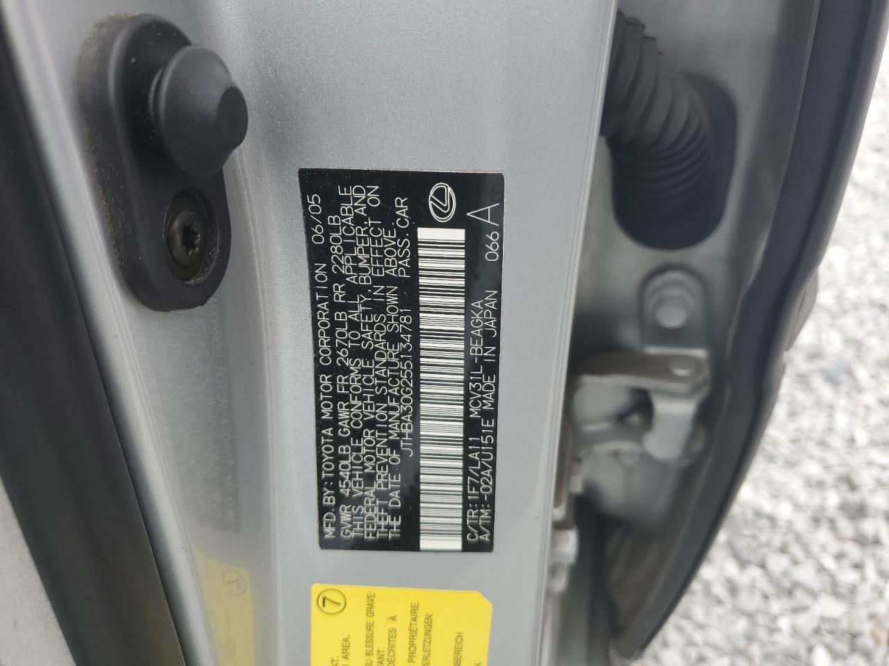 2005 Lexus Es 330 VIN: JTHBA30G255134781 Lot: 78612834