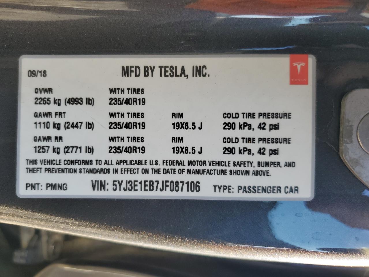 2018 Tesla Model 3 VIN: 5YJ3E1EB7JF087106 Lot: 79389644