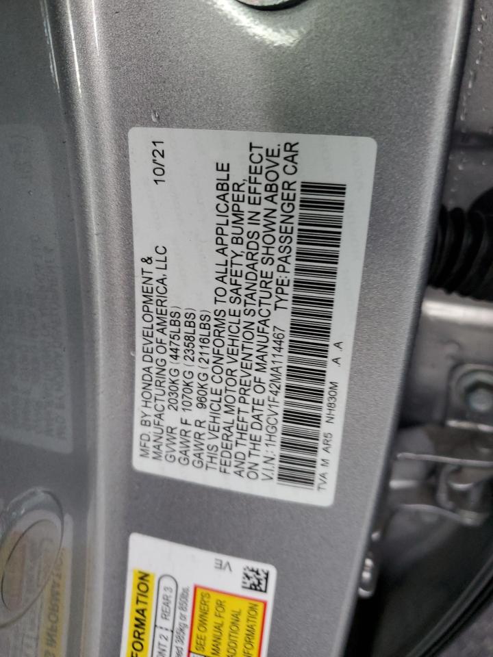 2021 Honda Accord Sport Se VIN: 1HGCV1F42MA114467 Lot: 78278994