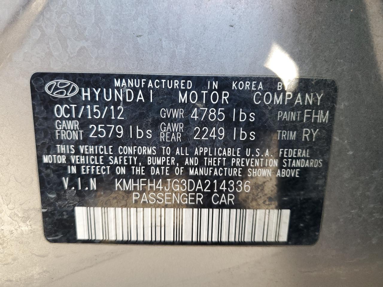 VIN KMHFH4JG3DA214336 2013 HYUNDAI AZERA no.12