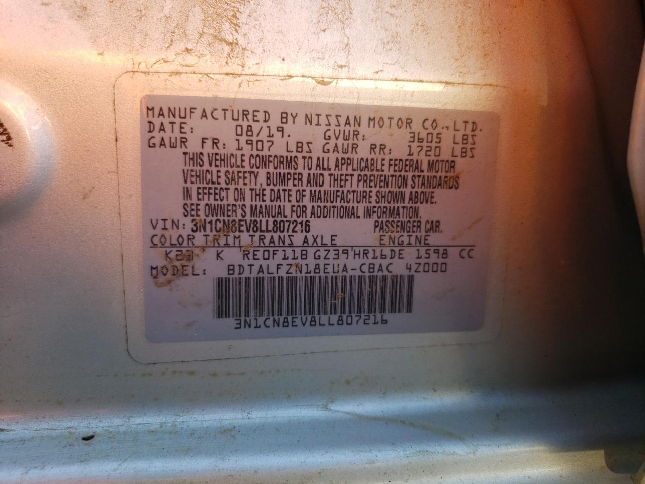 3N1CN8EV8LL807216 NISSAN VERSA 2020