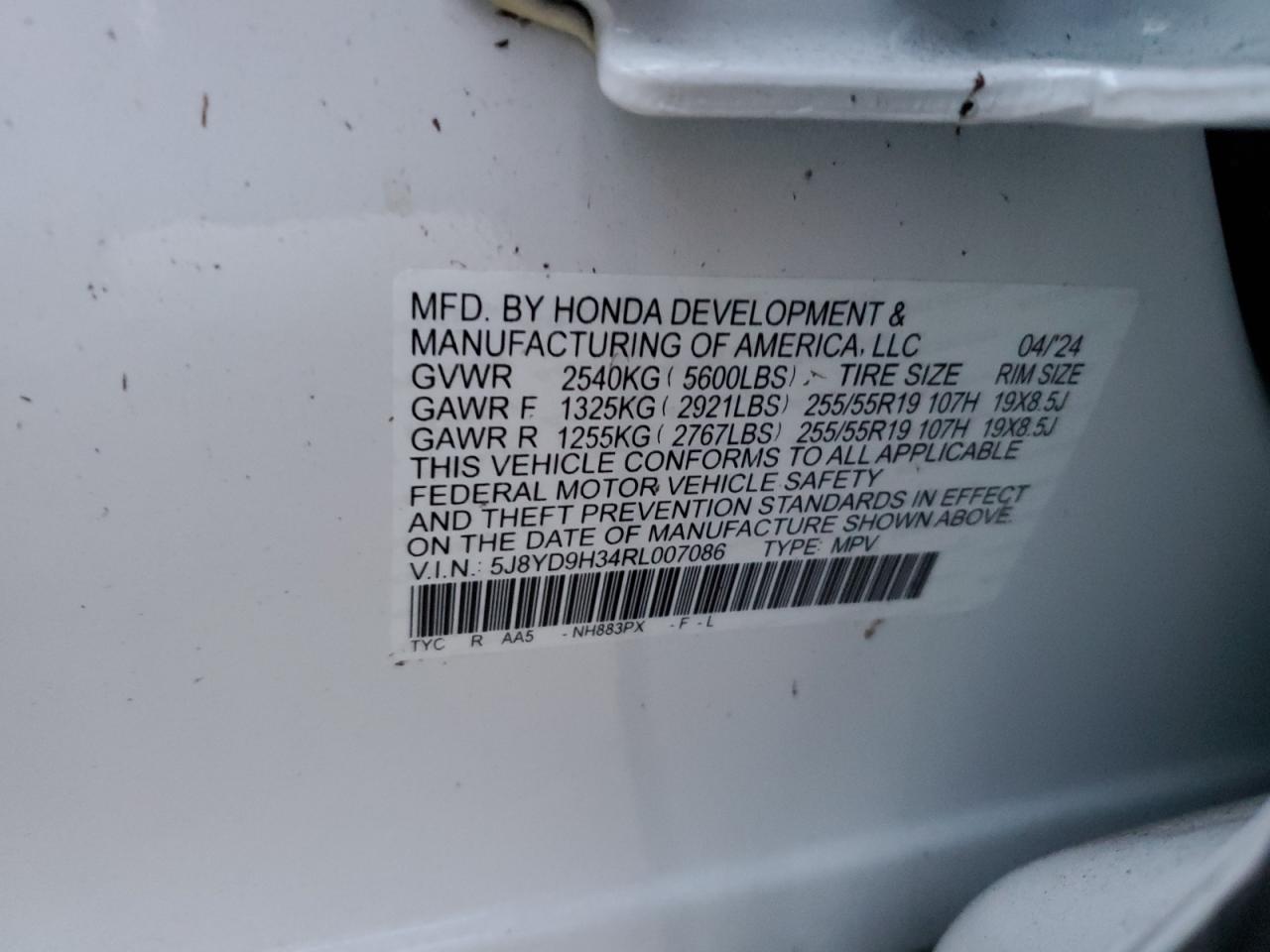 VIN 5J8YD9H34RL007086 2024 ACURA MDX no.14