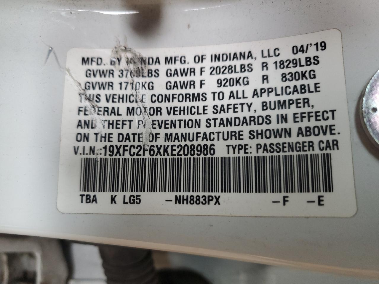 2019 Honda Civic Lx VIN: 19XFC2F6XKE208986 Lot: 80457315