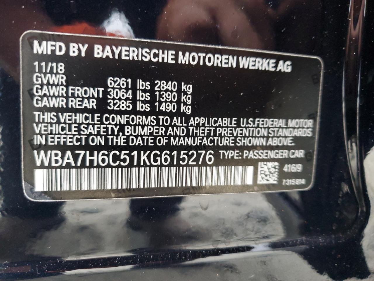 2019 BMW M760 Xi VIN: WBA7H6C51KG615276 Lot: 79597234