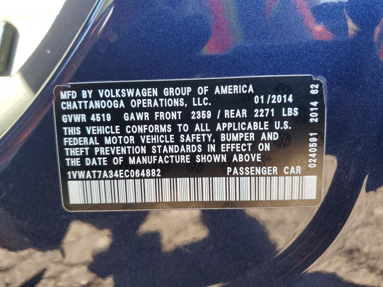 2014 Volkswagen Passat S VIN: 1VWAT7A34EC064882 Lot: 82175384