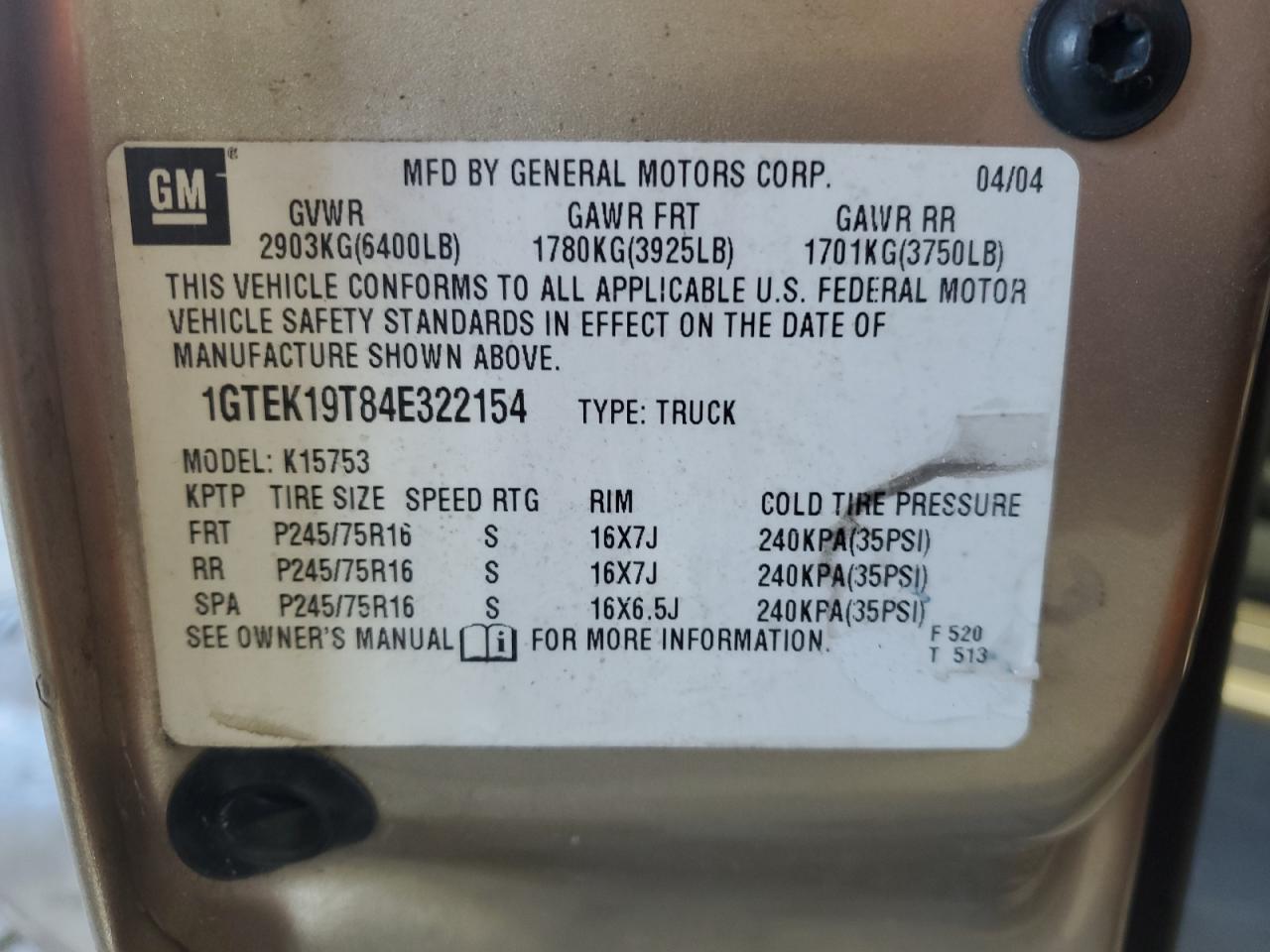 2004 GMC New Sierra K1500 VIN: 1GTEK19T84E322154 Lot: 77940904