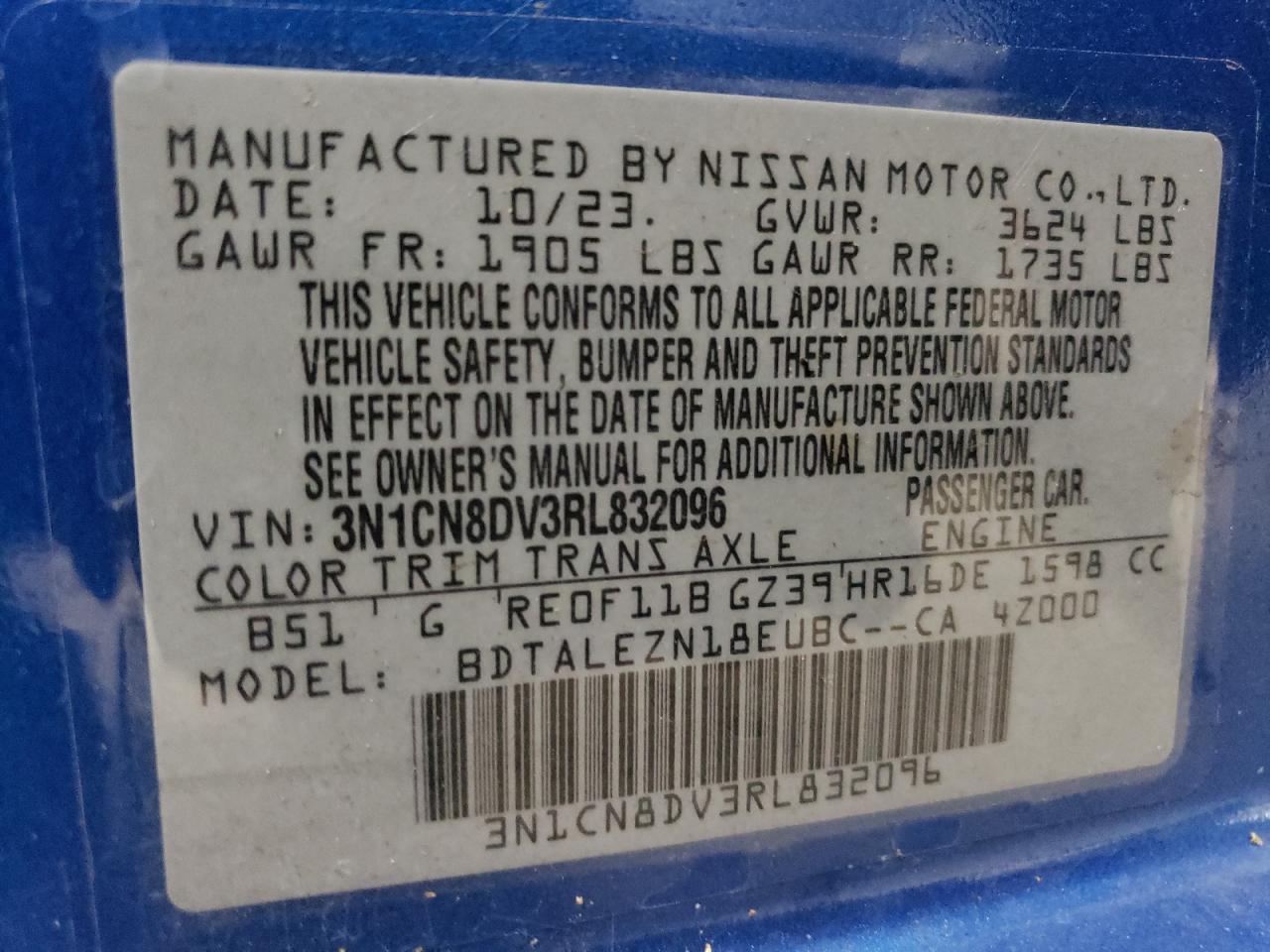 2024 Nissan Versa S VIN: 3N1CN8DV3RL832096 Lot: 79249814