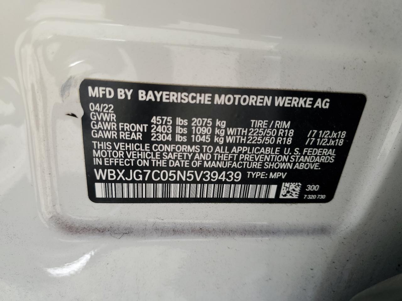 2022 BMW X1 Sdrive28I VIN: WBXJG7C05N5V39439 Lot: 81640724