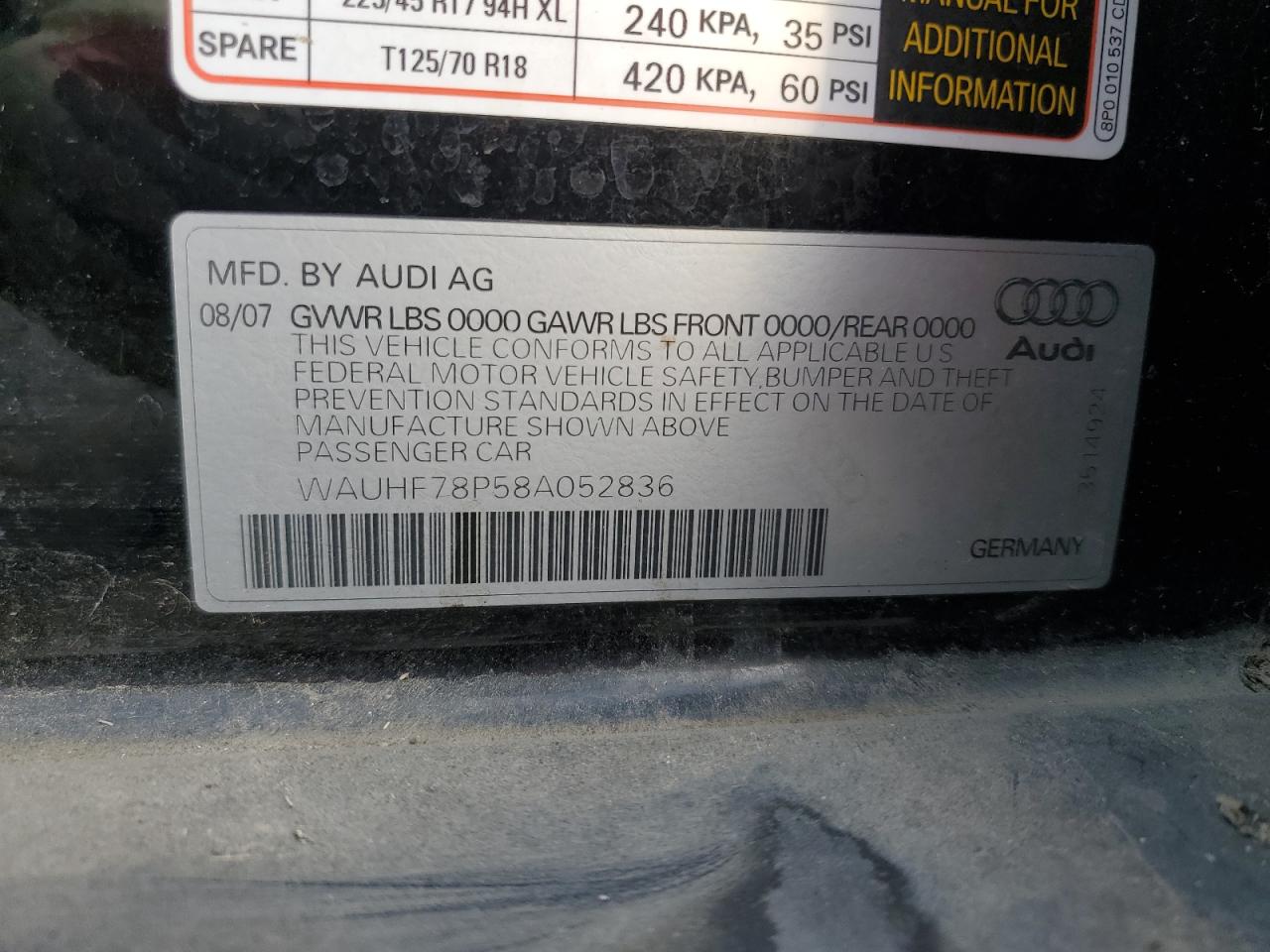 2008 Audi A3 2.0 VIN: WAUHF78P58A052836 Lot: 78289484