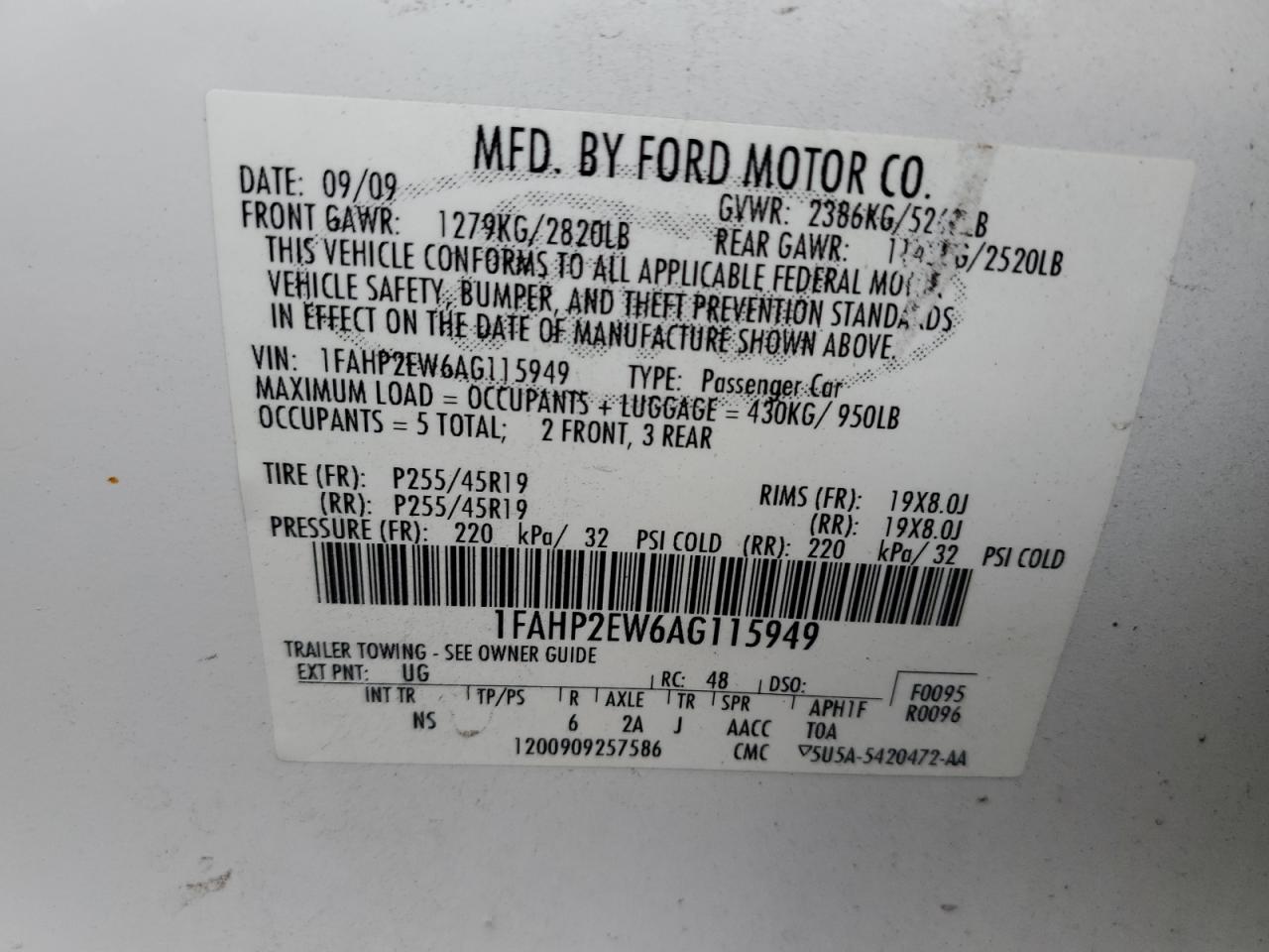 2010 Ford Taurus Sel VIN: 1FAHP2EW6AG115949 Lot: 79644384