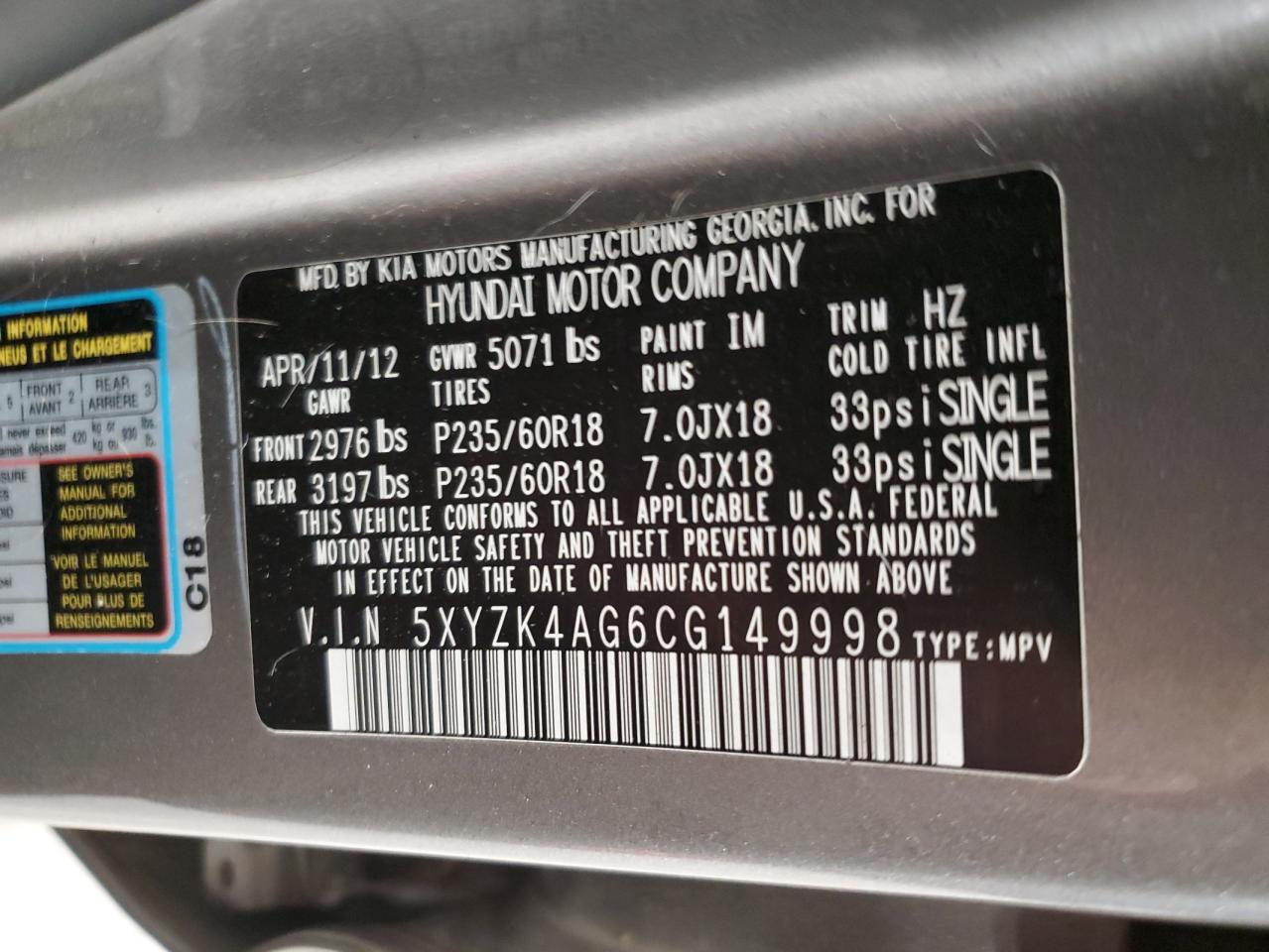 2012 Hyundai Santa Fe Limited VIN: 5XYZK4AG6CG149998 Lot: 82030044