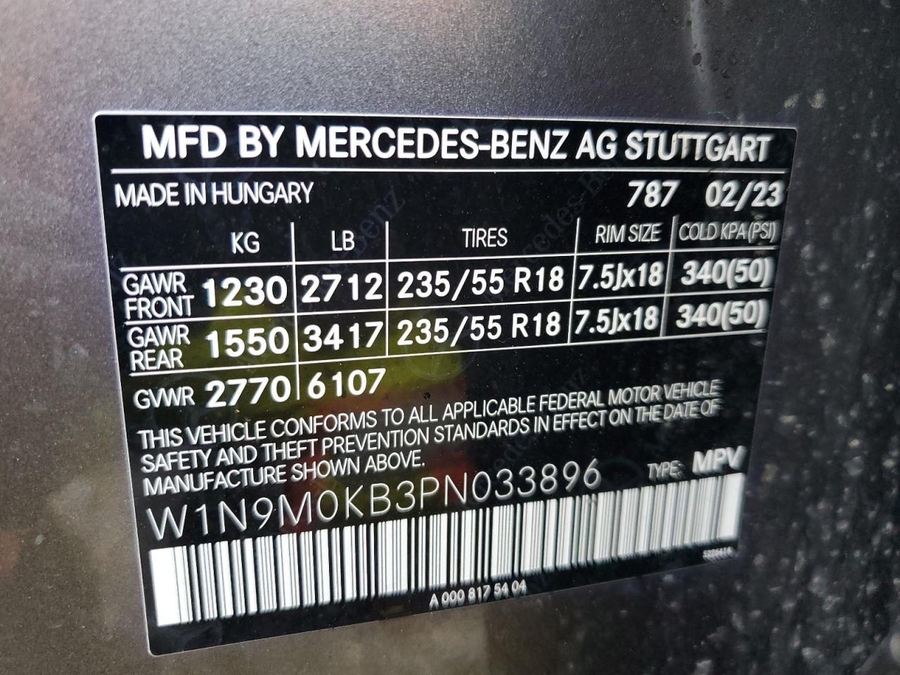 2023 Mercedes-Benz Eqb 300 4Matic VIN: W1N9M0KB3PN033896 Lot: 79088174