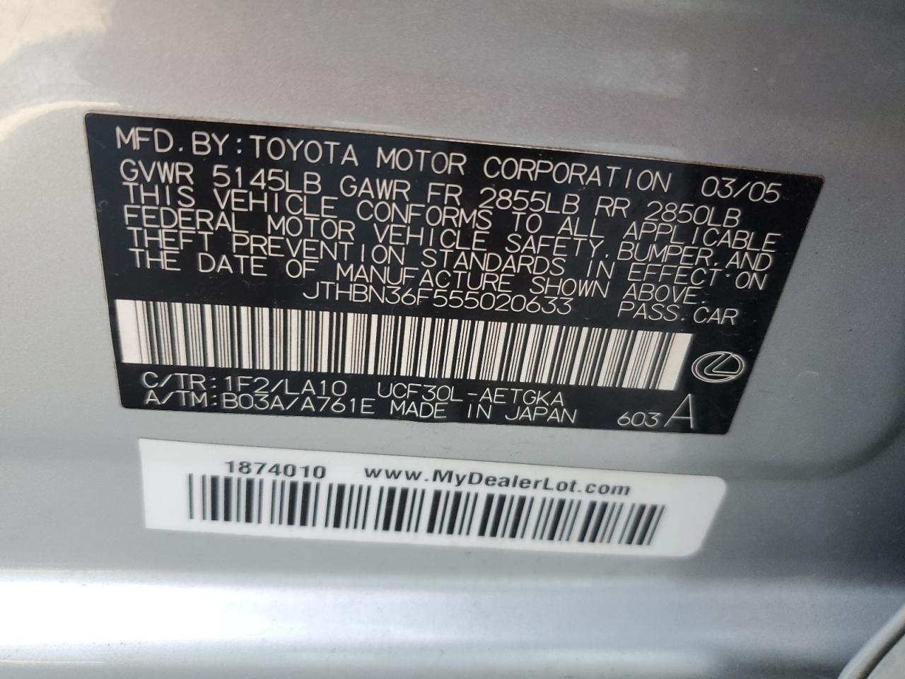 2005 Lexus Ls 430 VIN: JTHBN36F555020633 Lot: 79055504