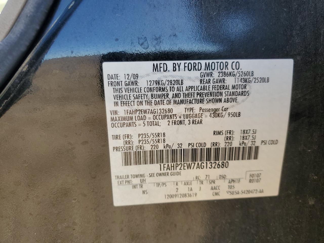 2010 Ford Taurus Sel VIN: 1FAHP2EW7AG132680 Lot: 79968004