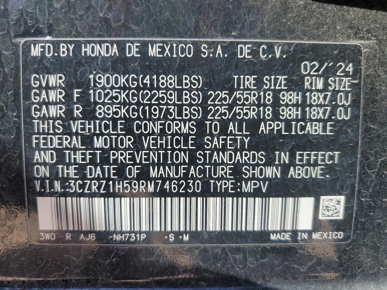 VIN 3CZRZ1H59RM746230 2024 HONDA HR-V no.13