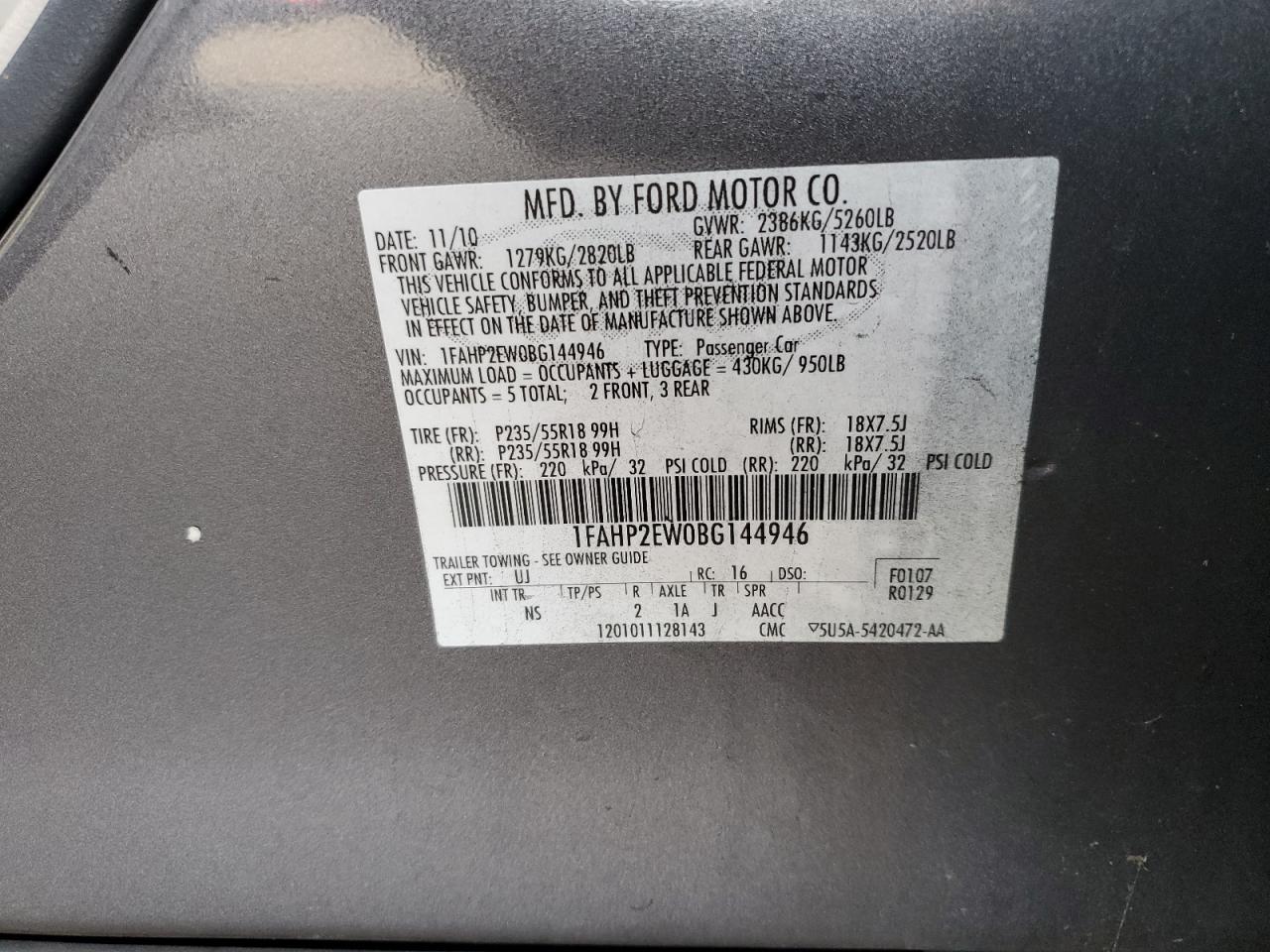 2011 Ford Taurus Sel VIN: 1FAHP2EW0BG144946 Lot: 80998124