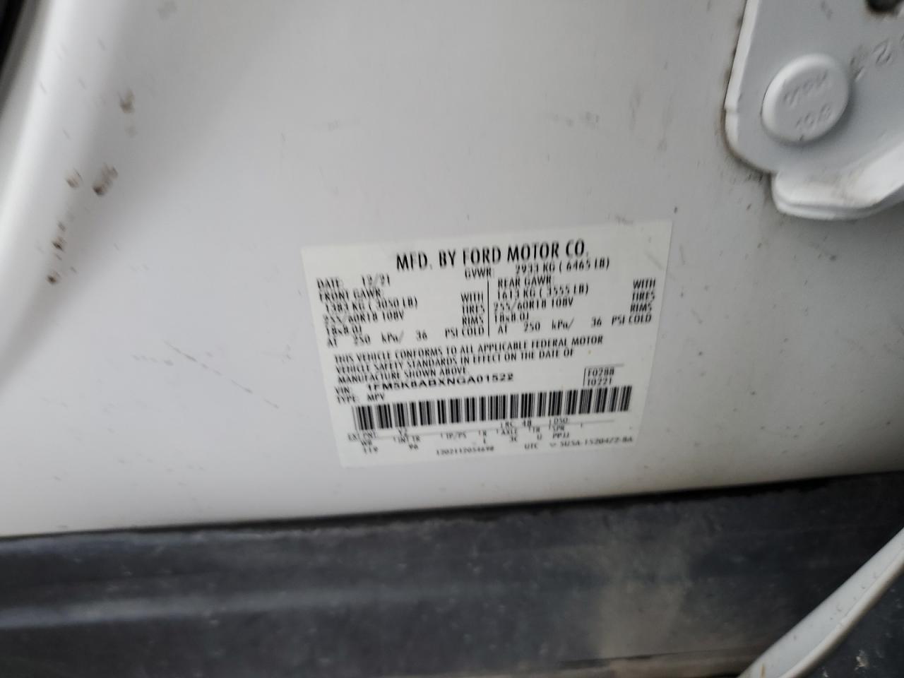 VIN 1FM5K8ABXNGA01522 2022 FORD EXPLORER no.12