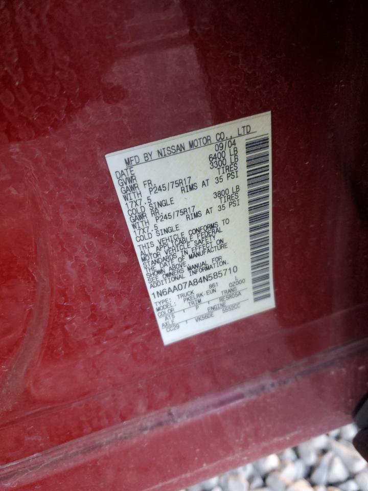 2004 Nissan Titan Xe VIN: 1N6AA07A84N585710 Lot: 80639184