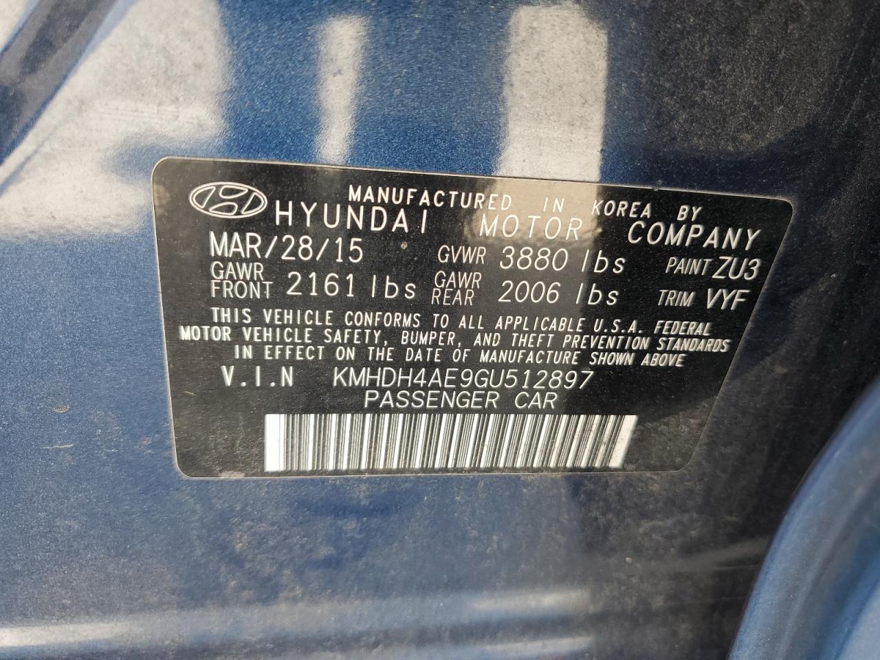 2016 Hyundai Elantra Se VIN: KMHDH4AE9GU512897 Lot: 80073254