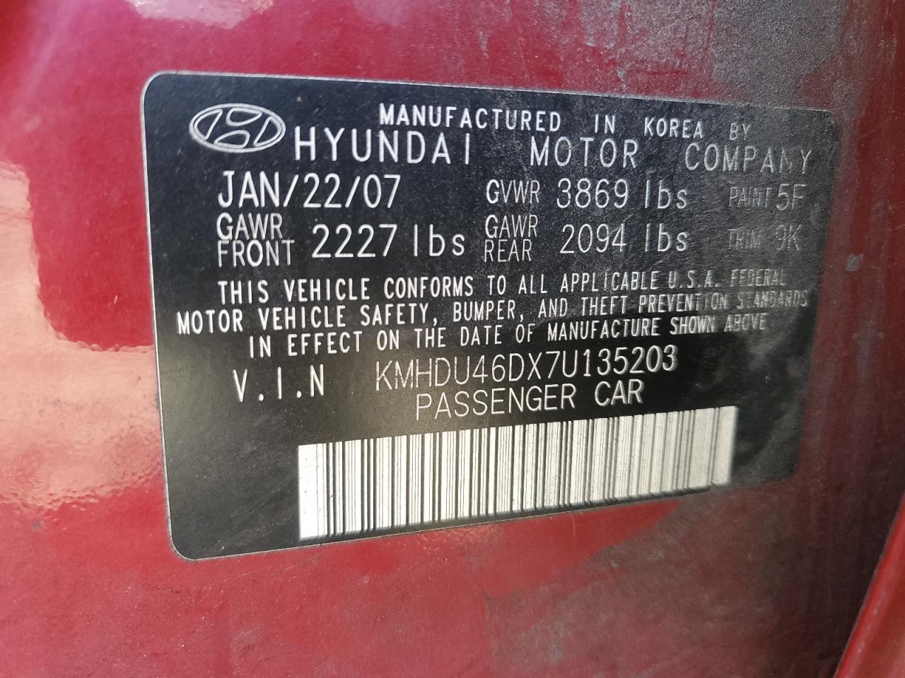 2007 Hyundai Elantra Gls VIN: KMHDU46DX7U135203 Lot: 79475434