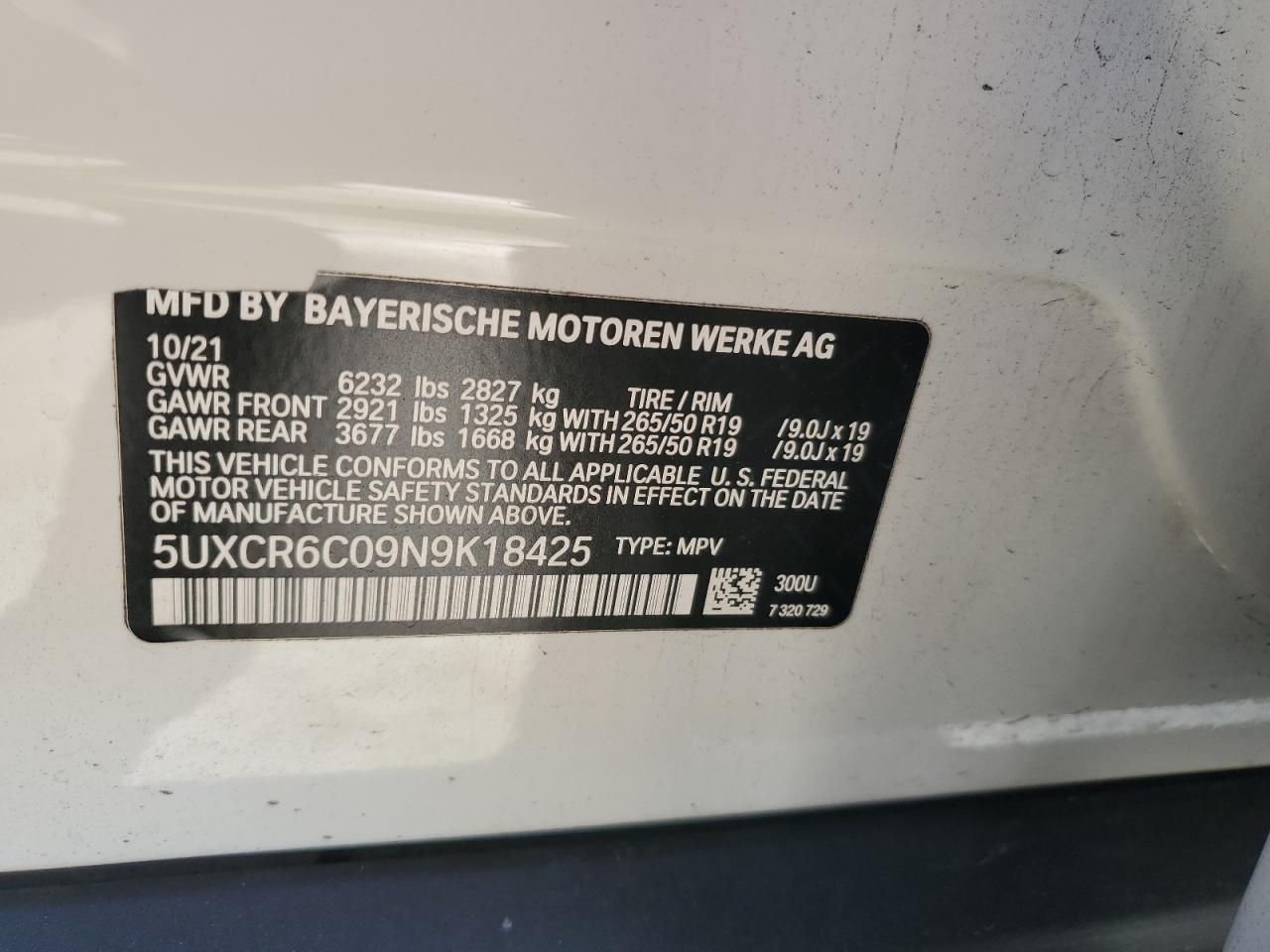 2022 BMW X5 xDrive40I VIN: 5UXCR6C09N9K18425 Lot: 79321214