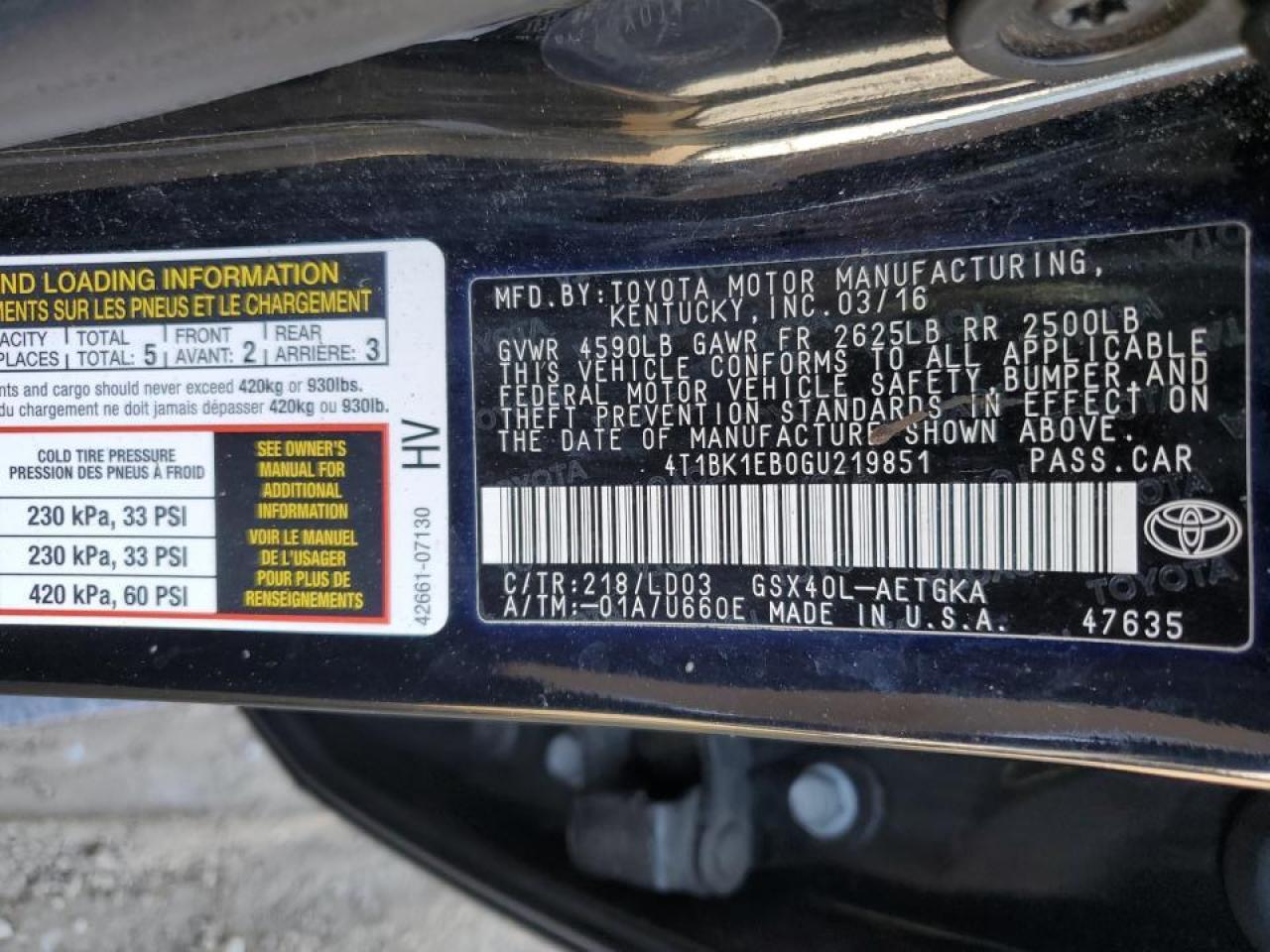 2016 Toyota Avalon Xle VIN: 4T1BK1EB0GU219851 Lot: 81000784