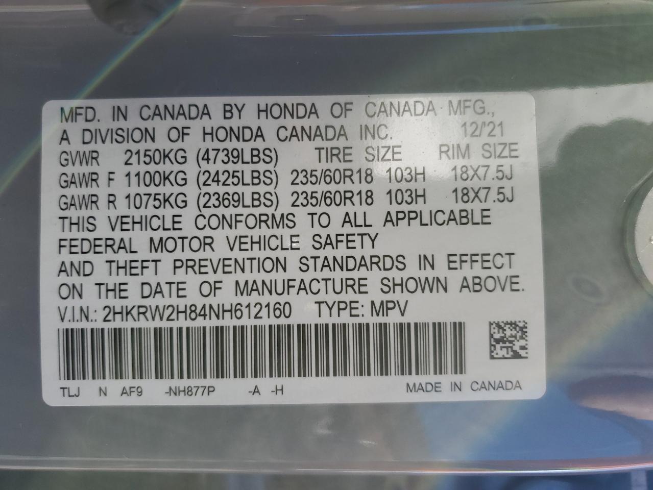 2022 Honda Cr-V Exl VIN: 2HKRW2H84NH612160 Lot: 80084504