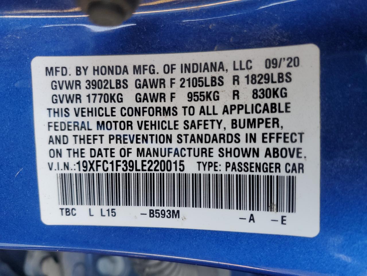 2020 Honda Civic Ex VIN: 19XFC1F39LE220015 Lot: 81128354